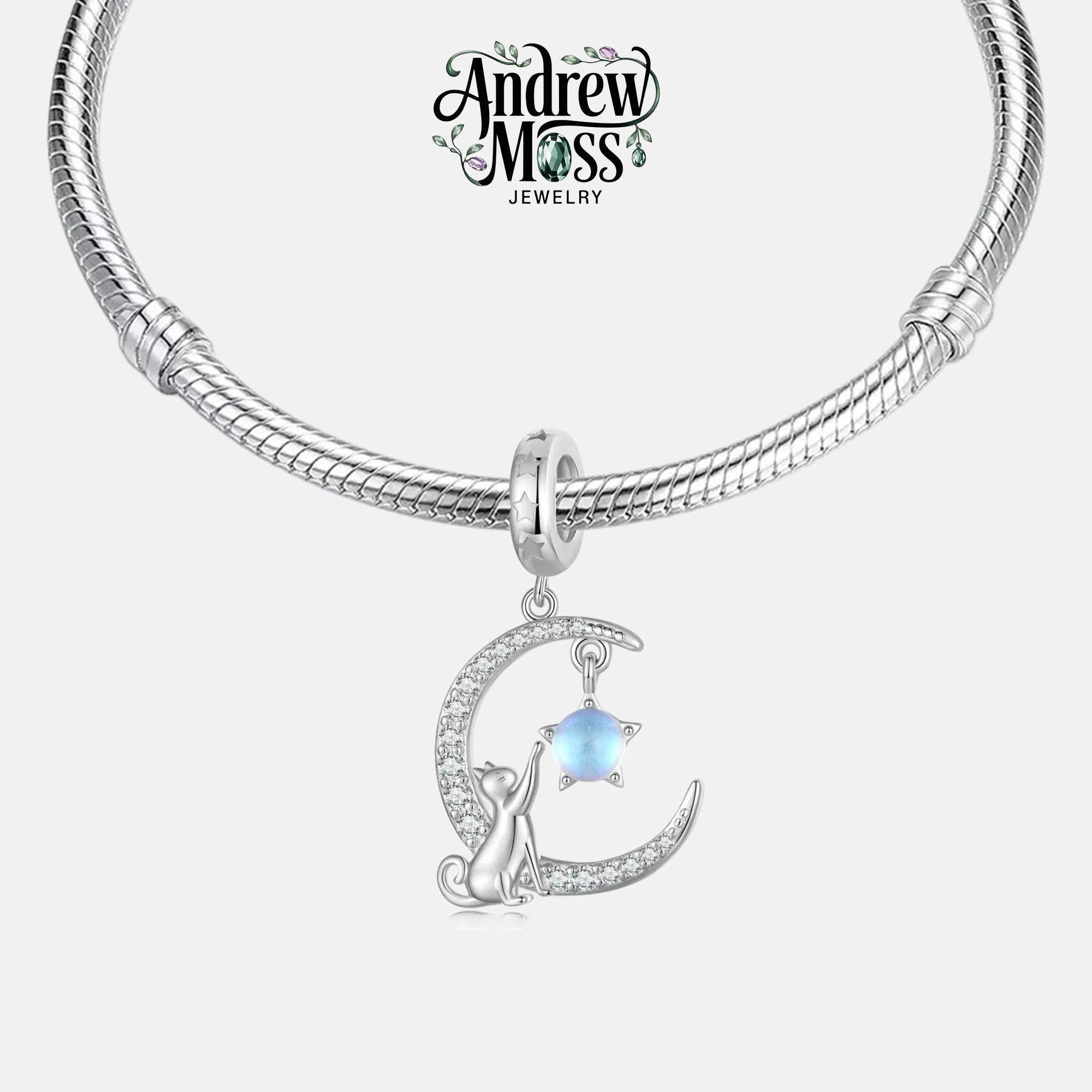 Cat & Moon Moonstone Dangle Charm for Bracelet