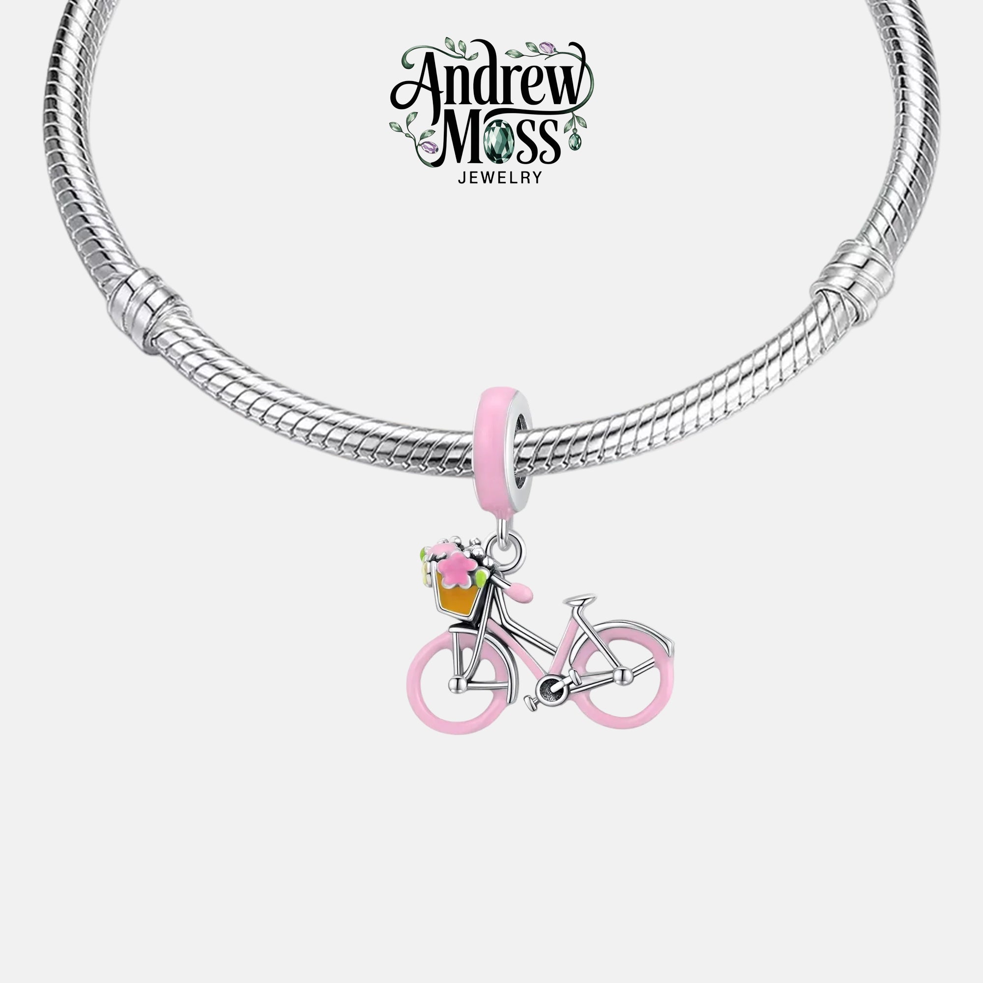 Pink Bicycle Basket Flowers Dangle Charm