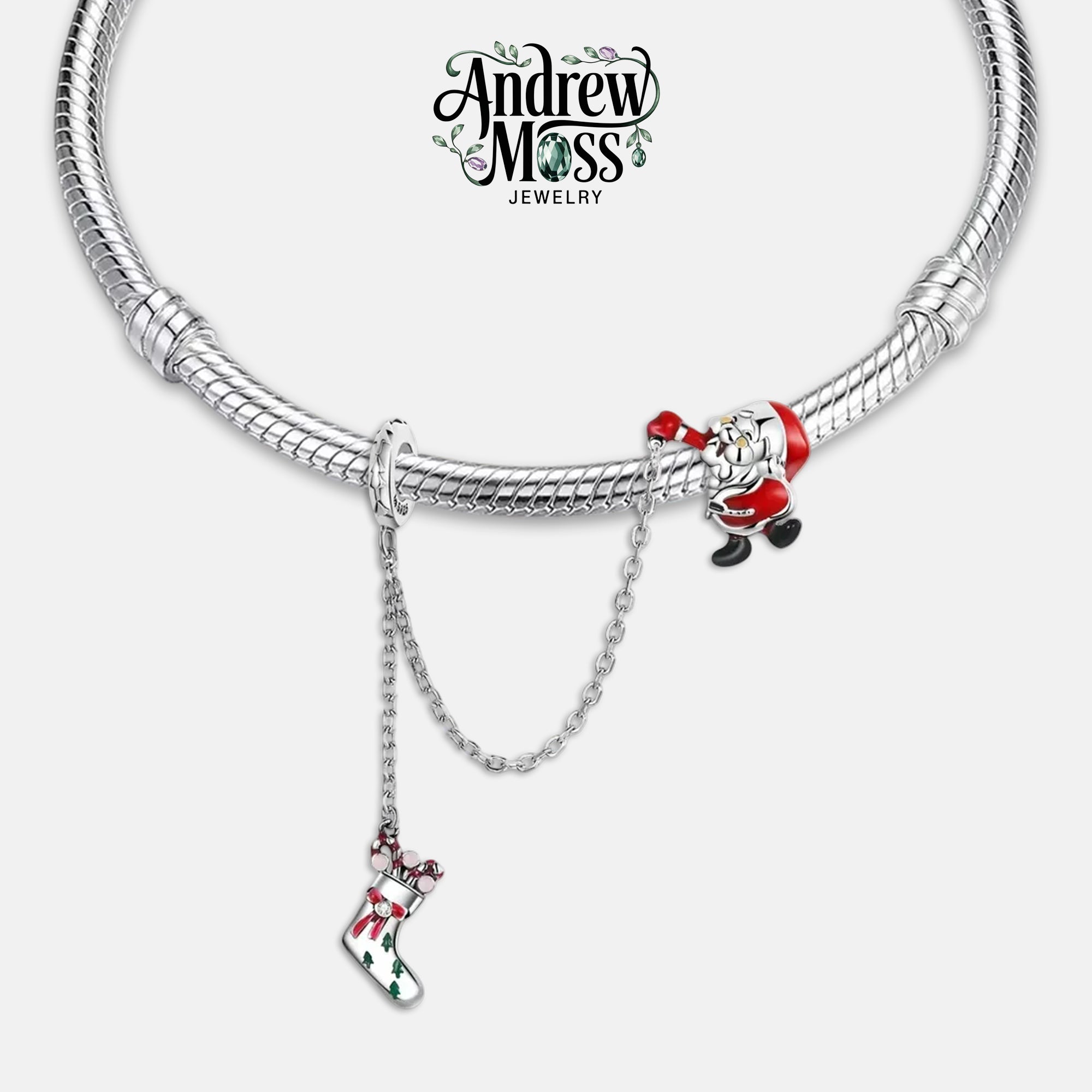 Santa Claus Looking for Christmas Sock Safety Chain Charm for Bracelet