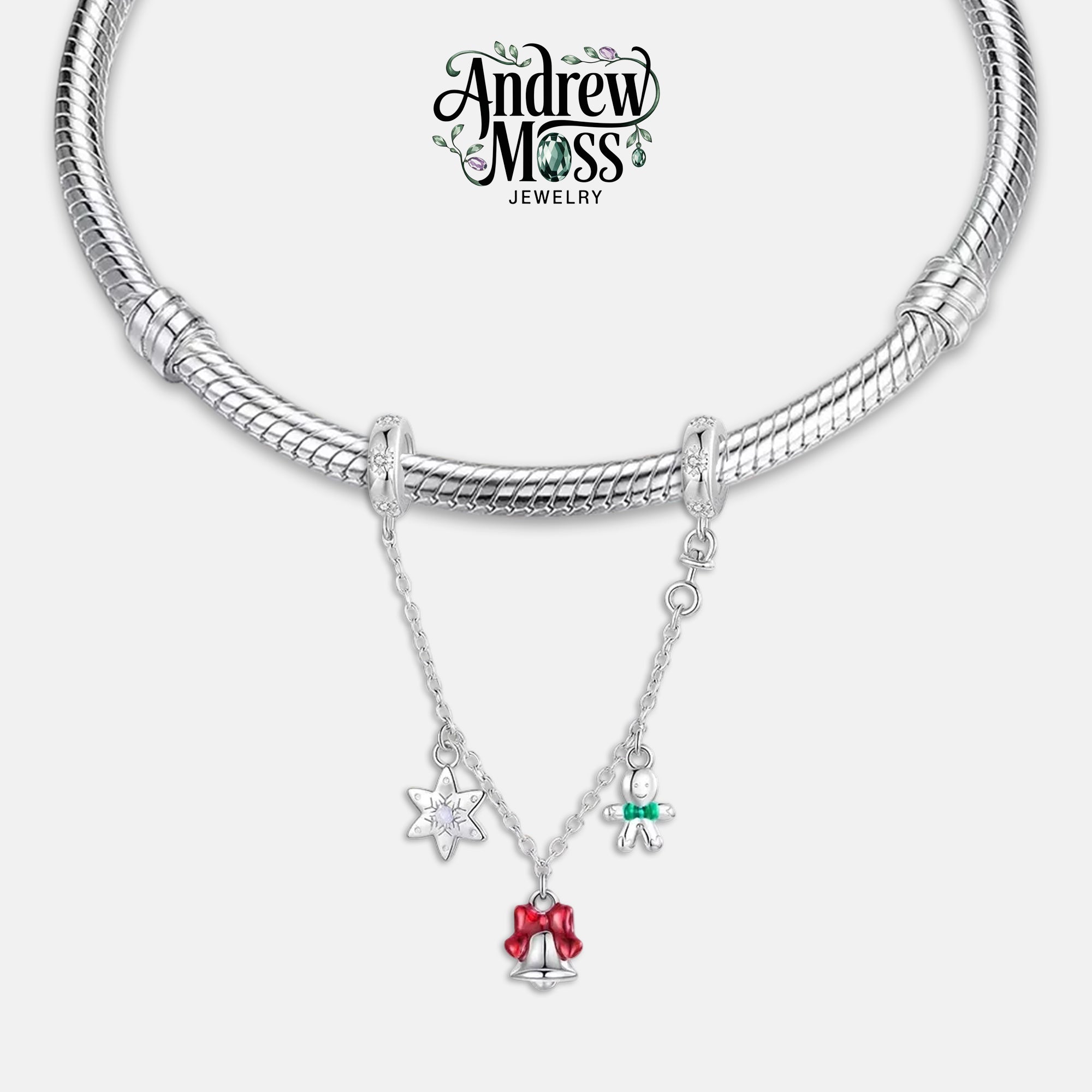 Christmas Bell Snowflake & Gingerbread Man Safety Chain Charm for Bracelet