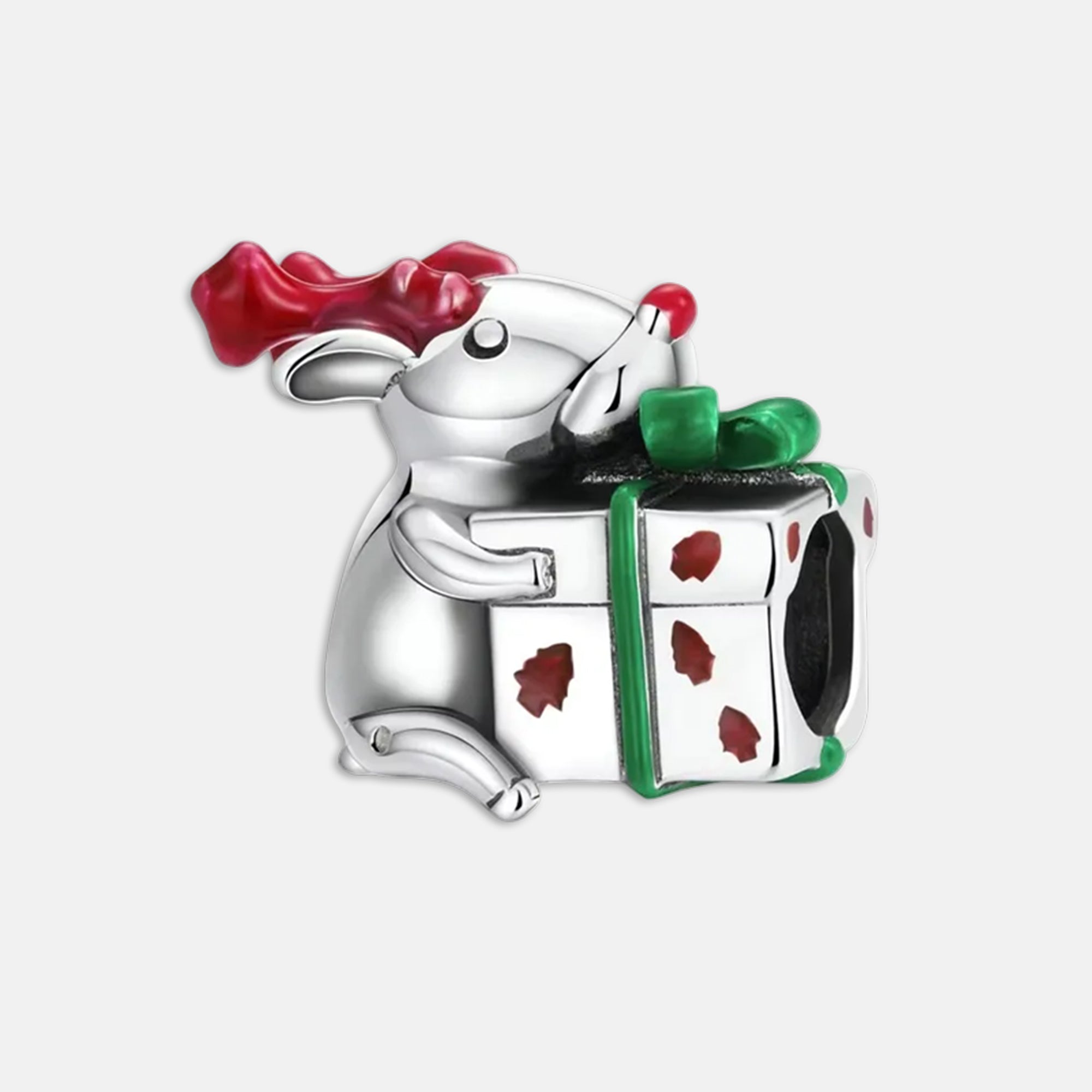Mouse Holding Gift Bead Christmas Charm for Bracelet
