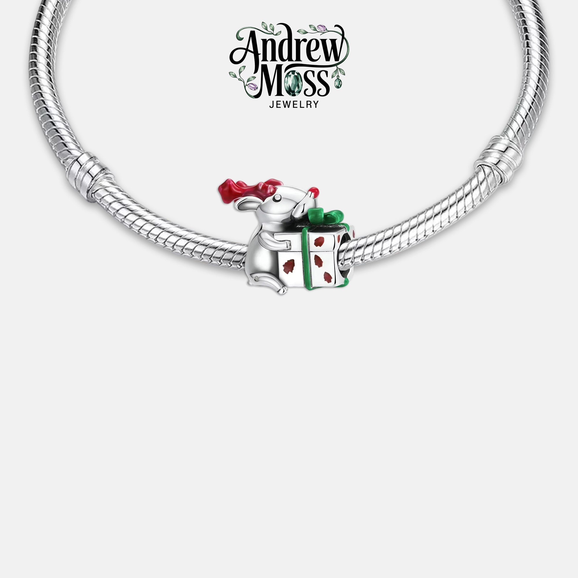 Mouse Holding Gift Bead Christmas Charm for Bracelet