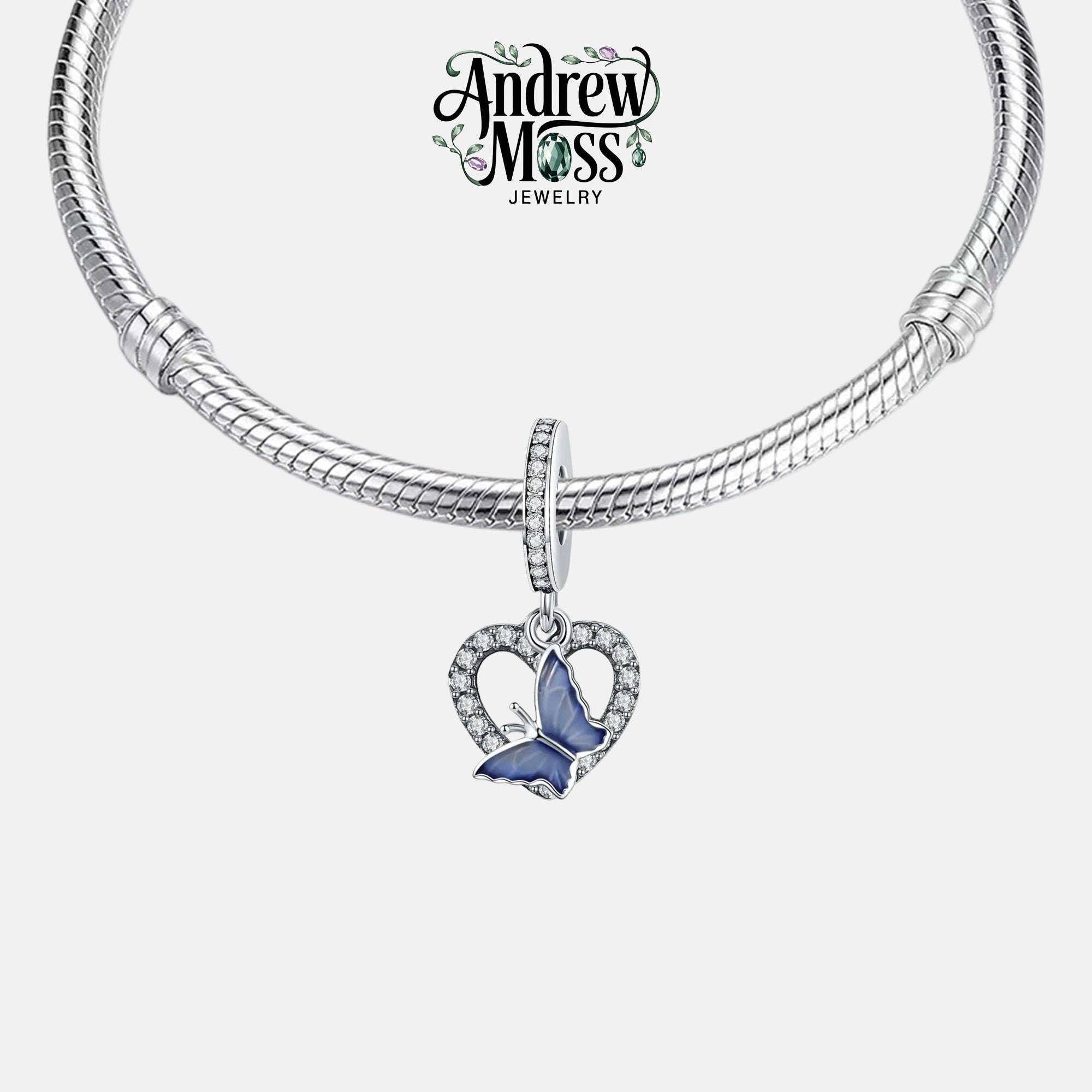 Heart Blue Butterfly Dangle Charm