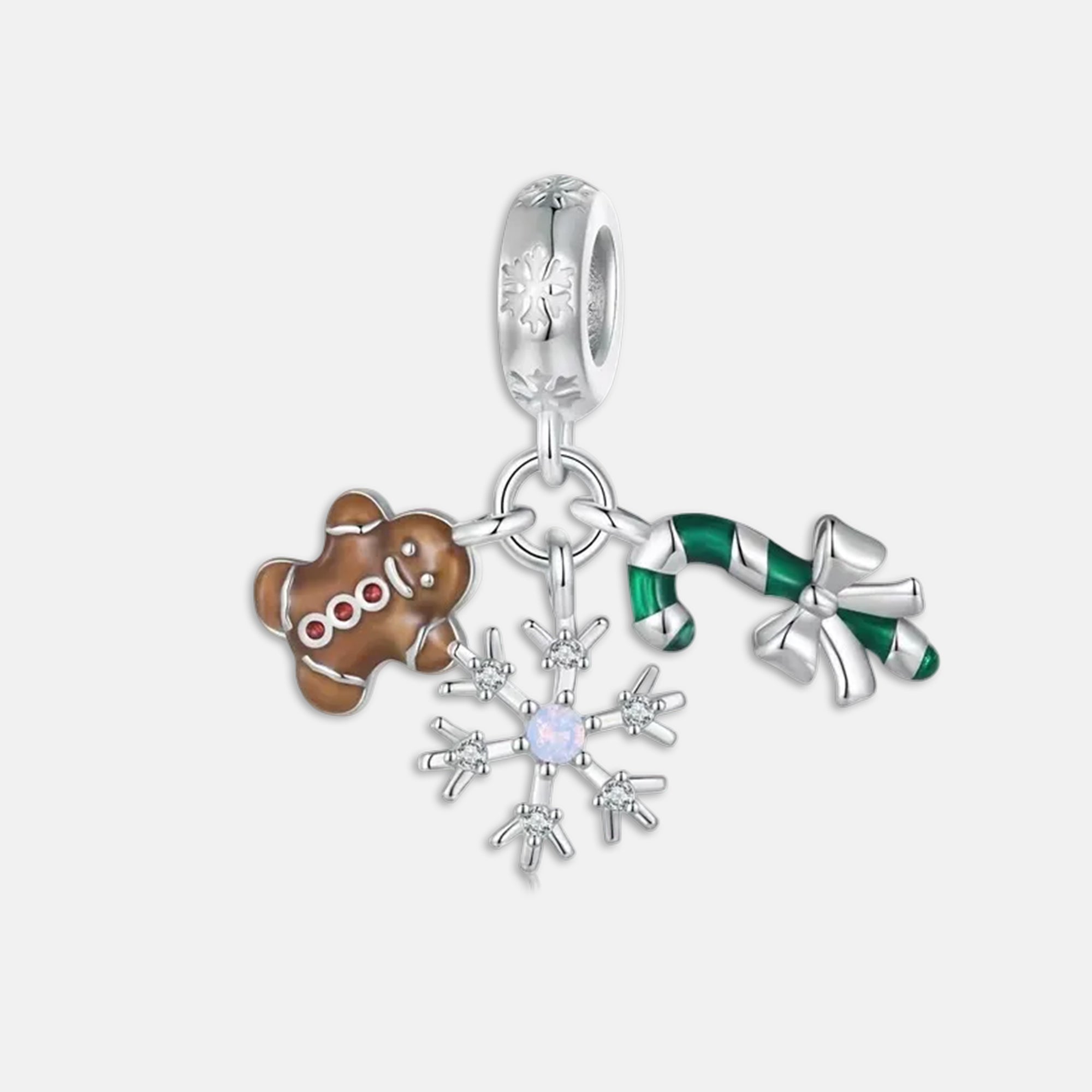 Gingerbread Man, Snowflake and Candy Cane Christmas Dangle Charm for Bracelet 925