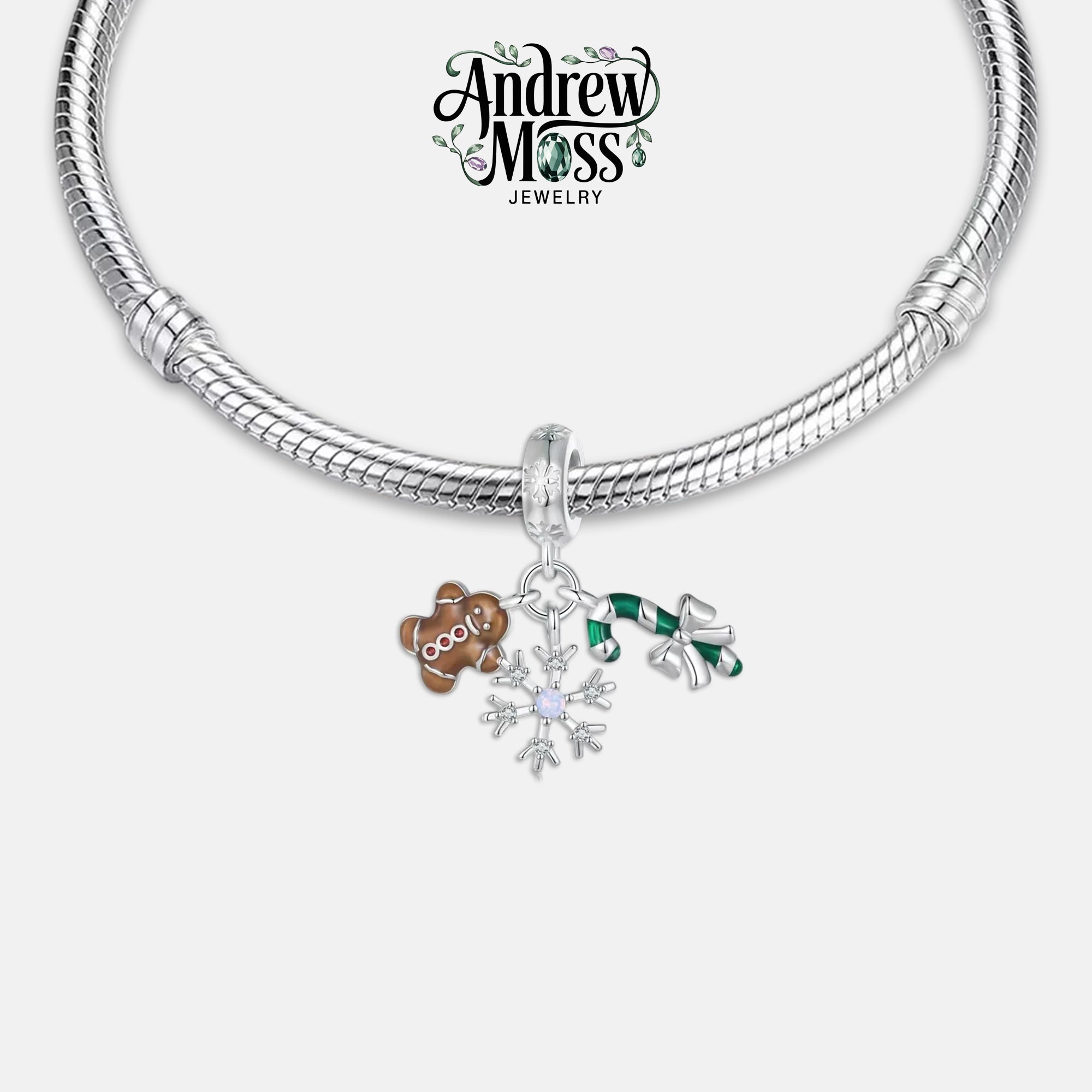 Gingerbread Man, Snowflake and Candy Cane Christmas Dangle Charm for Bracelet 925