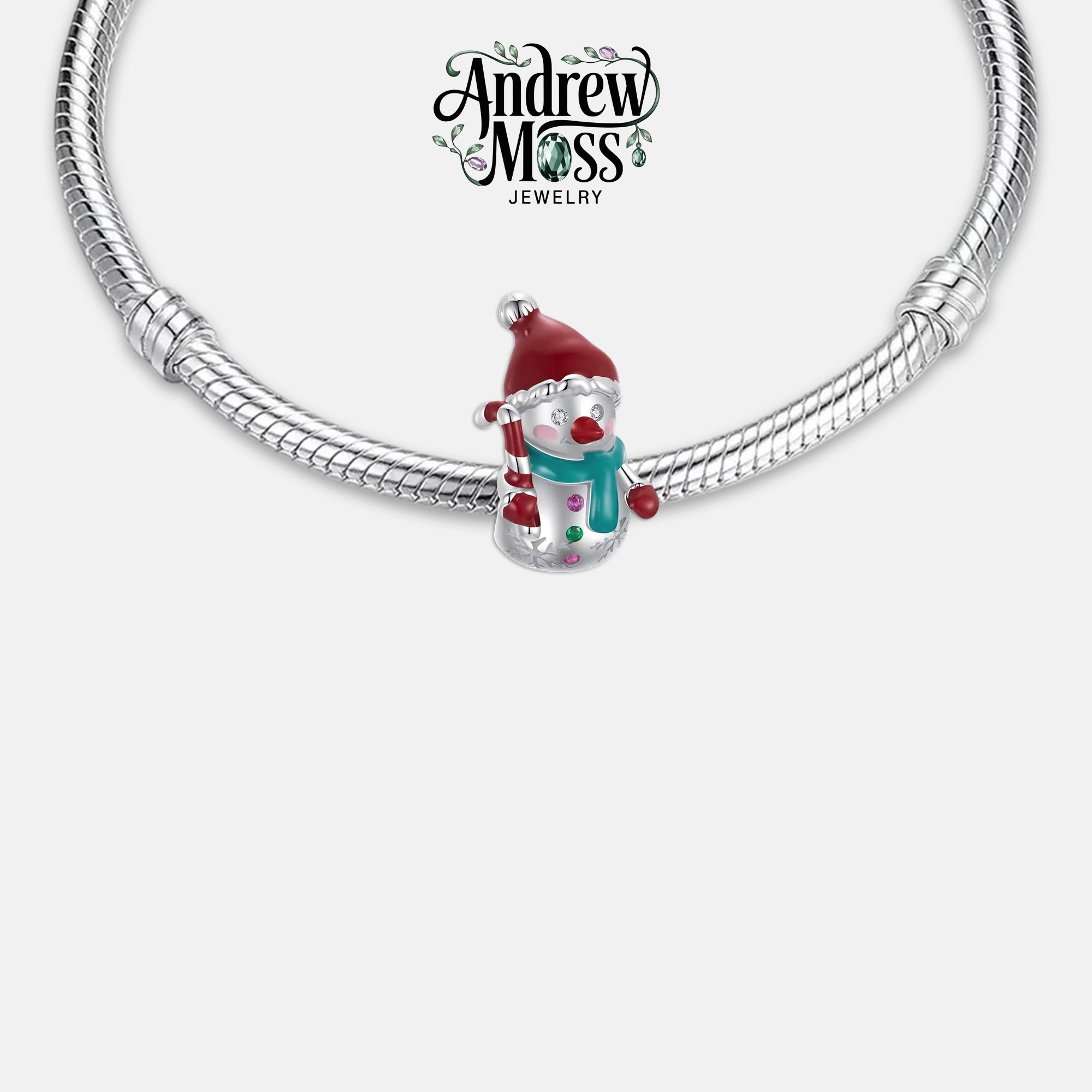 Snowman with Candy Cane Christmas Bead Charm for Bracelet