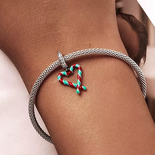 Candy Cane Heart Christmas Dangle Charm for Bracelet