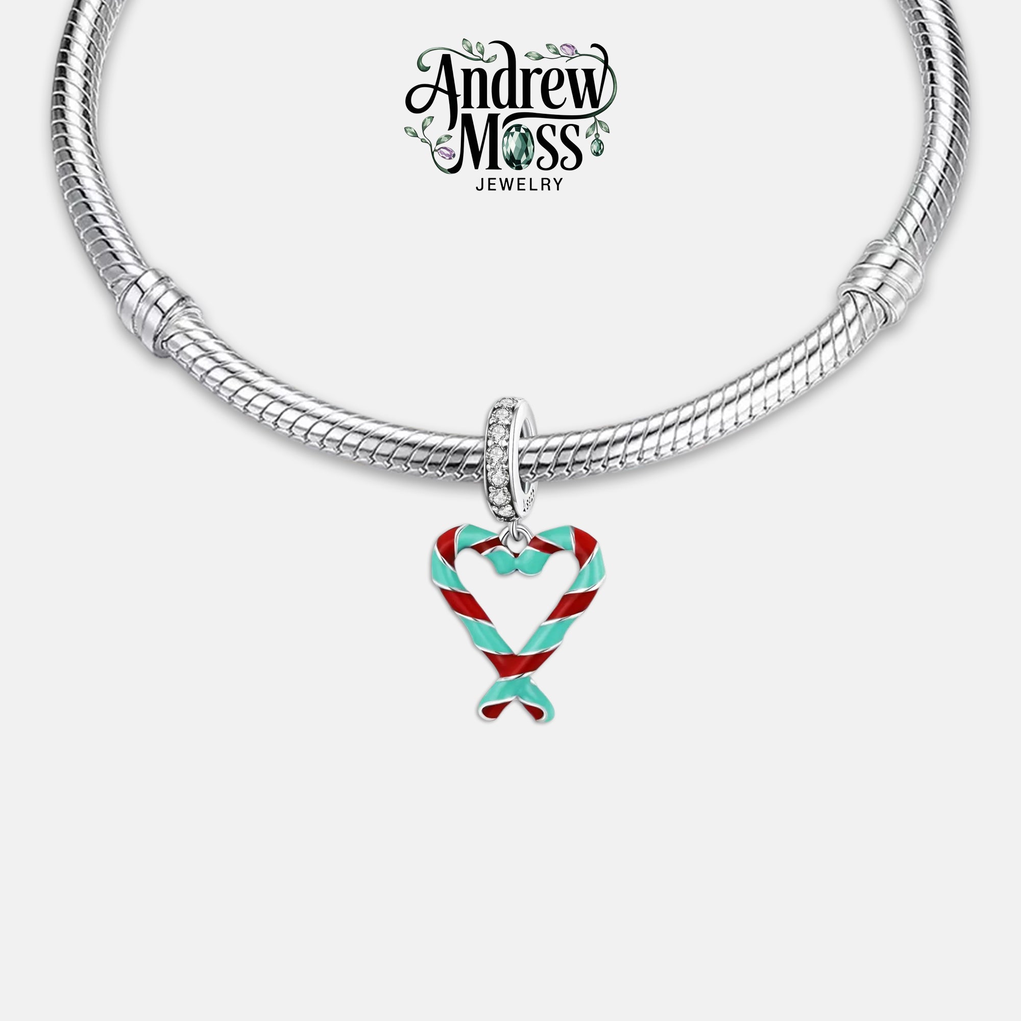 Candy Cane Heart Christmas Dangle Charm for Bracelet