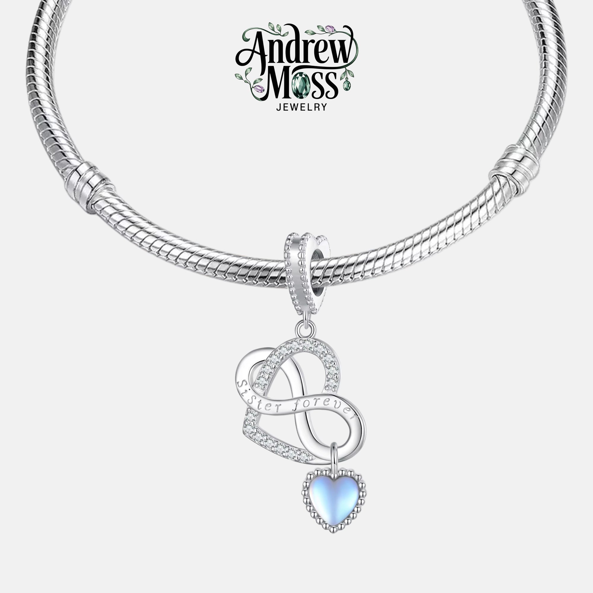 Sister Forever Love Heart Moonstone Dangle Charm