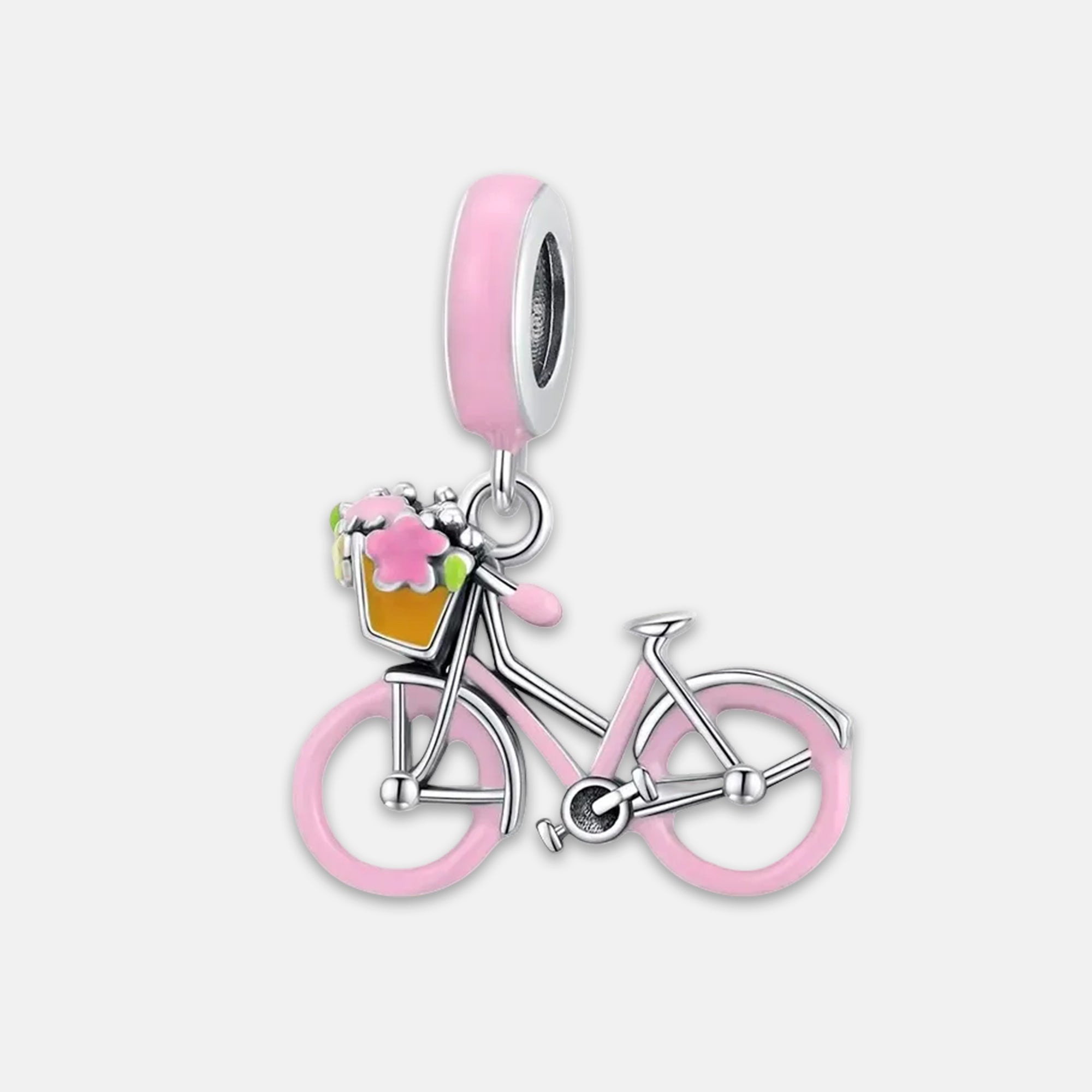 Pink Bicycle Basket Flowers Dangle Charm