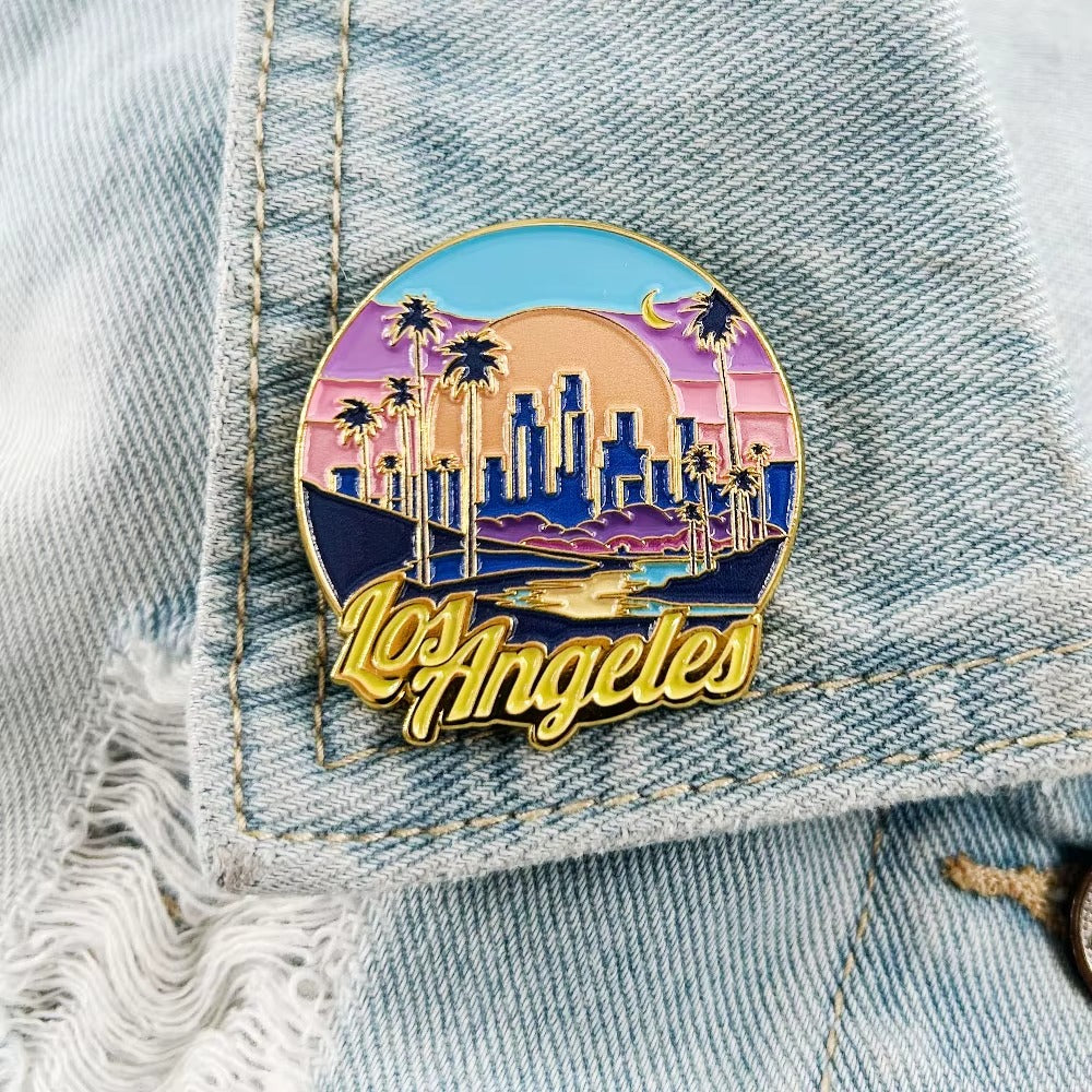Los Angeles Neon Night Skyline Lapel Pin Brooch 1.50" x 1.57"